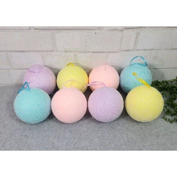 Unbranded Other - Pastel Flocked Ornaments Set Christmas Tree Pink Blue Yellow Purple 8 Pc 4"